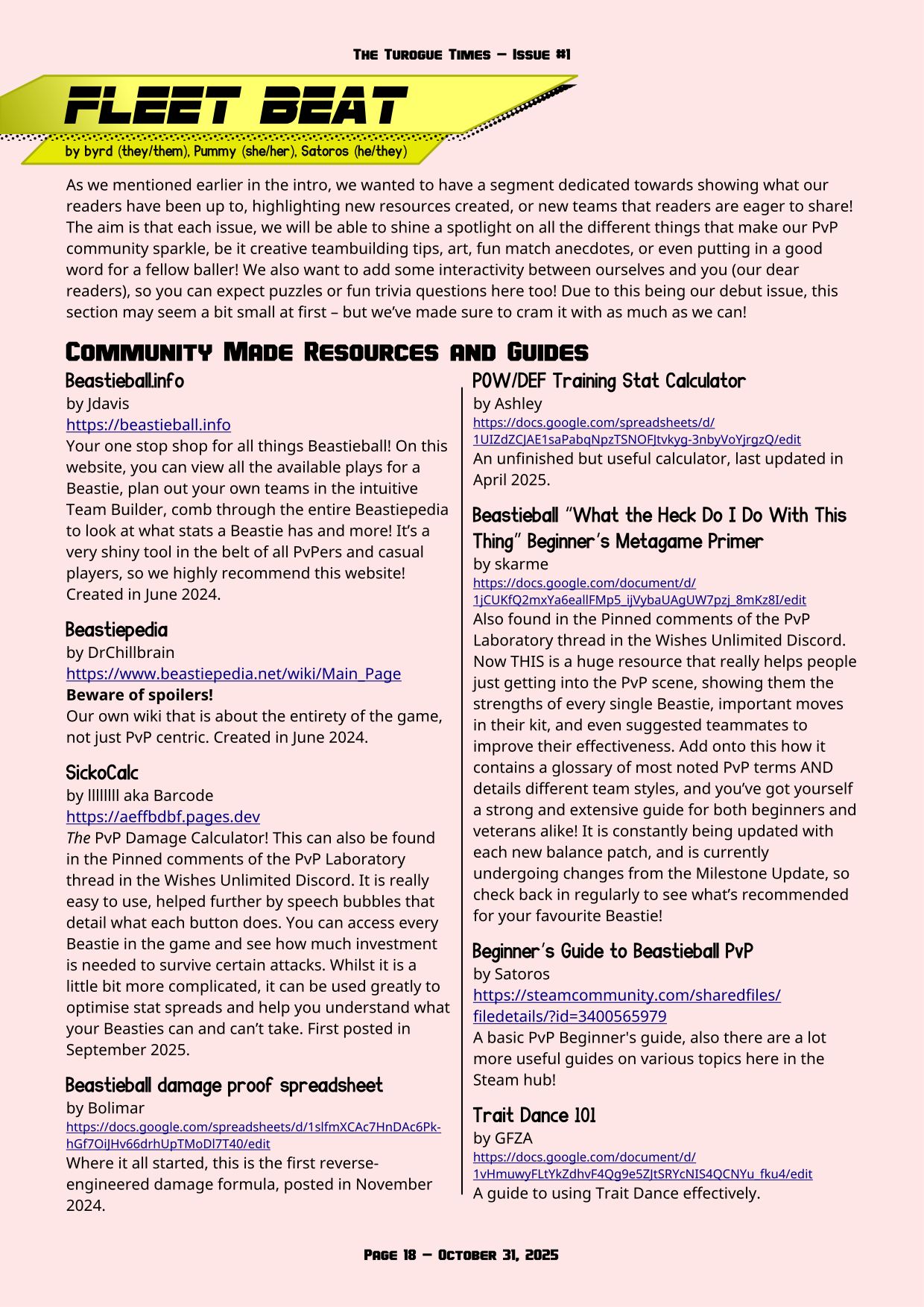 Page 18 of the Turogue Times, a Beastieball newsletter. This page is the Fleet Beat, a list of community submitted resources. For a more screen reader friendly format, please see the PDF download above.